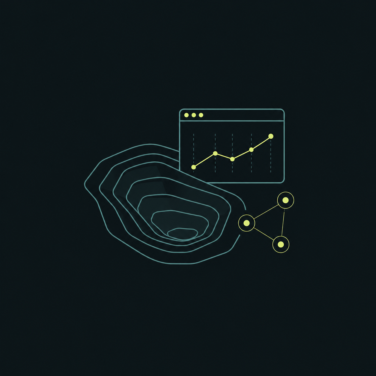 Minimal contour map, dashboard chart and connected data nodes