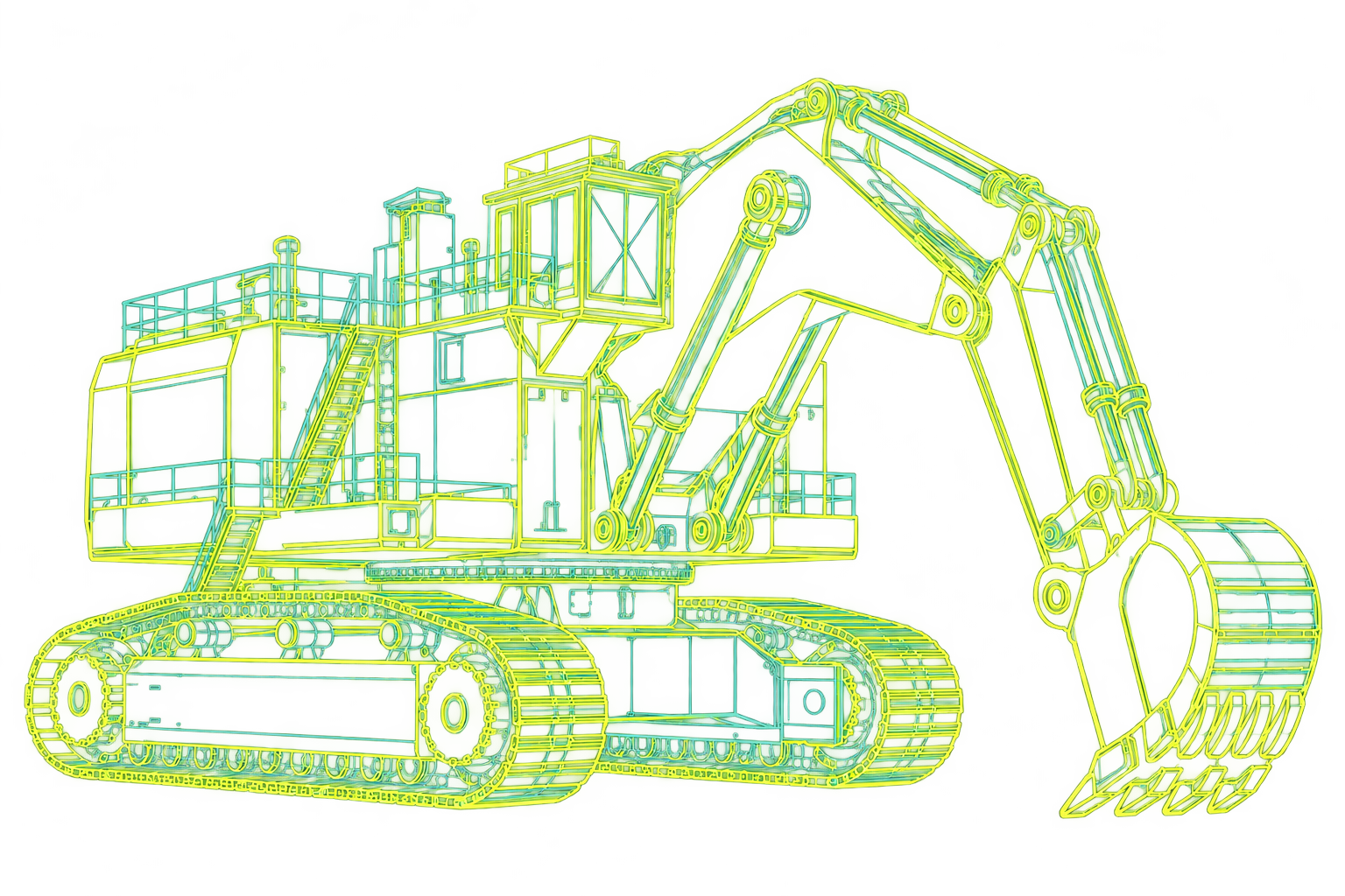 Lime and teal 3D line illustration of a mining excavator